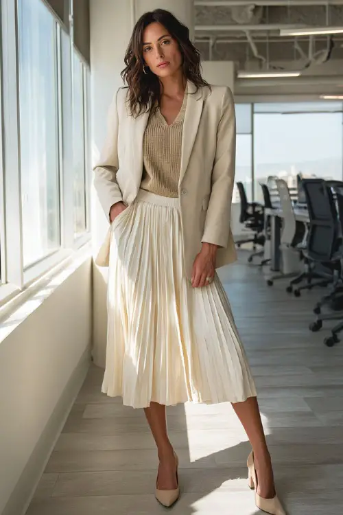 A woman wears a chic boho-inspired office look with a pleated midi skirt, a lightweight sweater tucked neatly at the waist, a tailored blazer, and block-heel pumps 