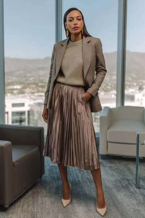 A woman wears a chic boho-inspired office look with a pleated midi skirt, a lightweight sweater tucked neatly at the waist, a tailored blazer, and block-heel pumps