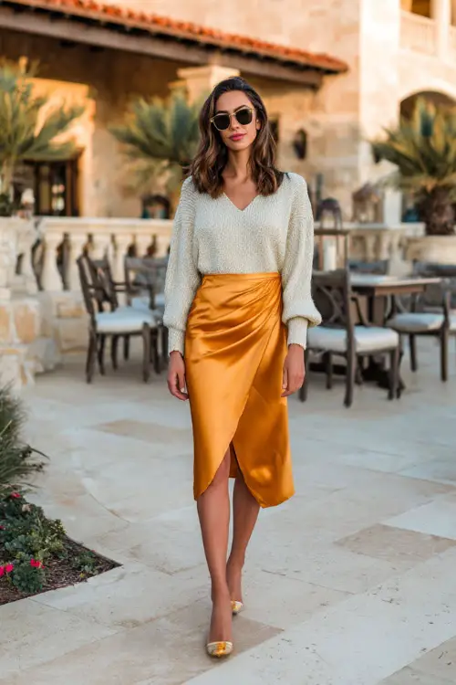A woman wears a chic boho outfit featuring a satin wrap skirt, a lightweight knit top, sleek mules, and gold accessories, styled in an upscale outdoor setting