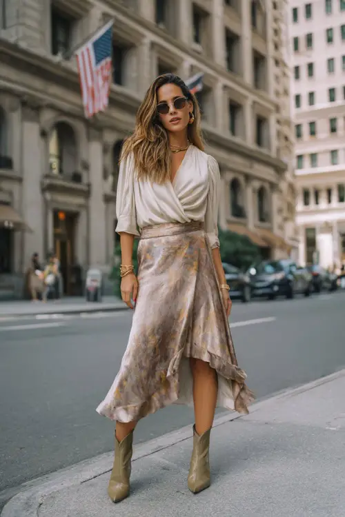 A woman wears a chic boho outfit with a flowy satin midi skirt, a soft draped blouse, pointed-toe ankle boots, and delicate gold jewelry, styled on an elegant city street 