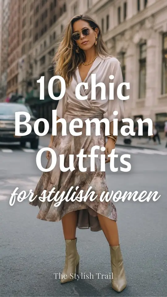 A woman wears a chic boho outfit with a flowy satin midi skirt, a soft draped blouse, pointed-toe ankle boots, and delicate gold jewelry