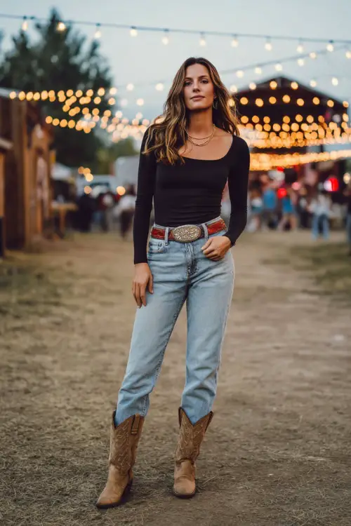 A woman wears a chic country concert outfit with a fitted black bodysuit, light-wash jeans, tall cowboy boots, and a statement western belt 