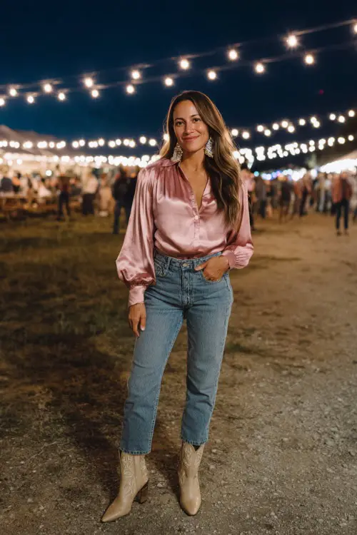 A woman wears a chic pink country concert outfit with a satin pink blouse, straight-leg denim jeans, pointed-toe cowboy boots, and statement earrings 