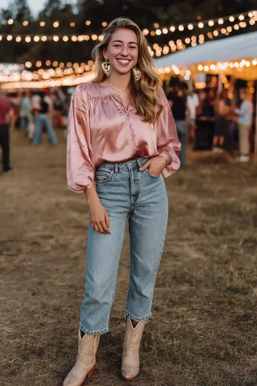 A woman wears a chic pink country concert outfit with a satin pink blouse, straight-leg denim jeans, pointed-toe cowboy boots, and statement earrings