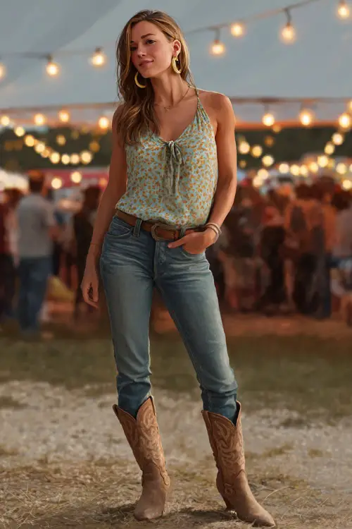 A woman wears a chic spring country concert outfit with a sleeveless blouse tucked into high-rise jeans, pointed-toe cowboy boots, and gold hoop earrings 