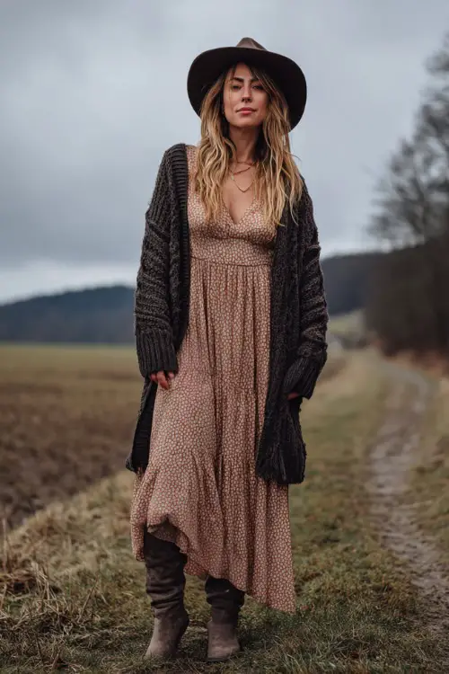 A woman wears a chic winter boho outfit with a flowy maxi dress layered under a chunky knit cardigan, finished with tall boots and a felt hat 