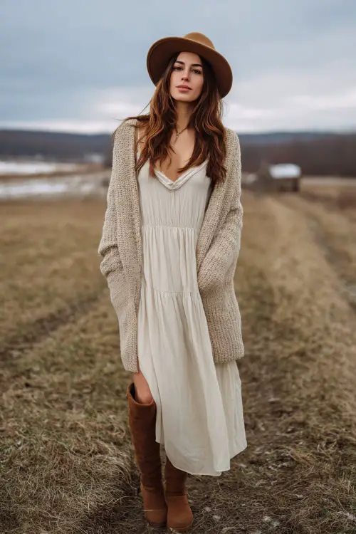 A woman wears a chic winter boho outfit with a flowy maxi dress layered under a chunky knit cardigan, finished with tall boots and a felt hat 
