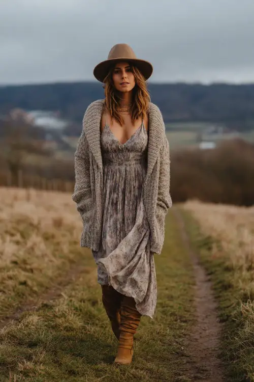 A woman wears a chic winter boho outfit with a flowy maxi dress layered under a chunky knit cardigan, finished with tall boots and a felt hat 