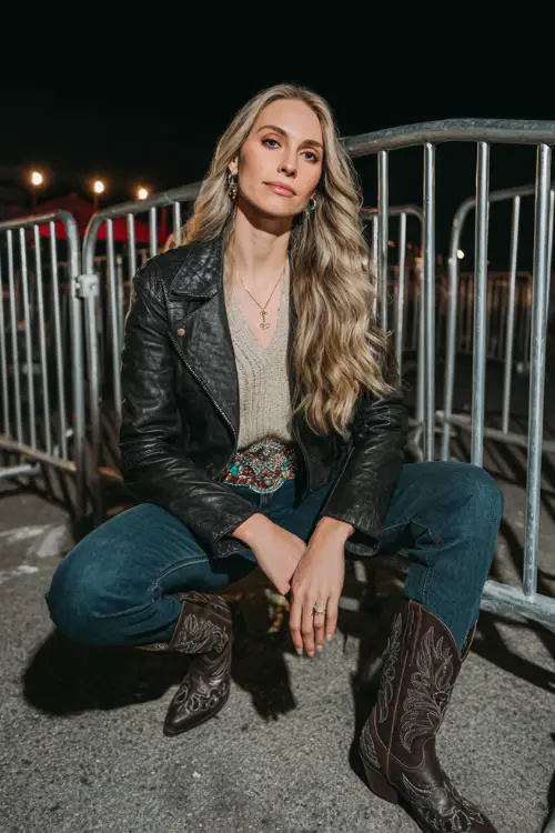 A woman wears a chic winter country concert outfit with a leather jacket over a thick knit sweater, straight jeans, western boots, and statement belt 