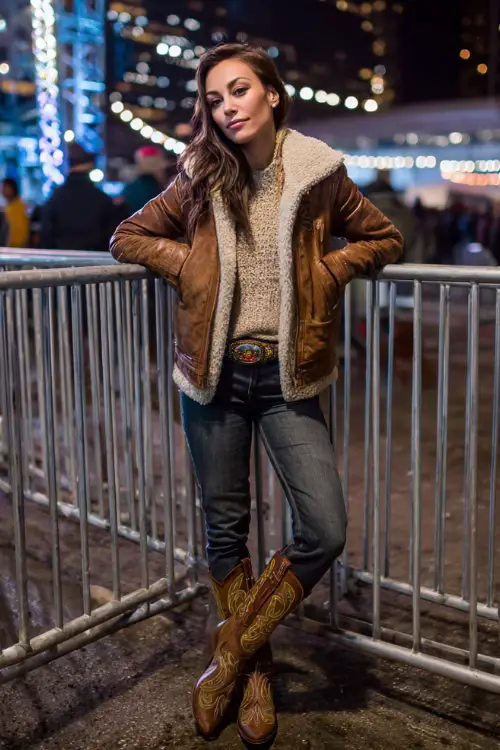 A woman wears a chic winter country concert outfit with a leather jacket over a thick knit sweater, straight jeans, western boots, and statement belt