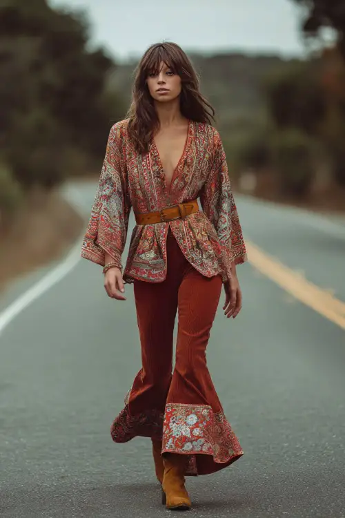 A woman wears a classic hippie boho outfit combining a flowy tunic top, flared pants, suede ankle boots, and a wide belt, styled on a quiet country road 