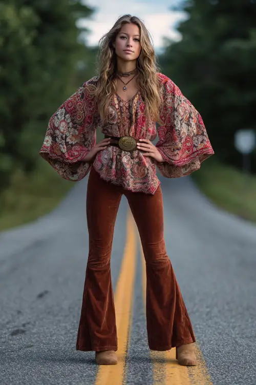 A woman wears a classic hippie boho outfit combining a flowy tunic top, flared pants, suede ankle boots, and a wide belt, styled on a quiet country road