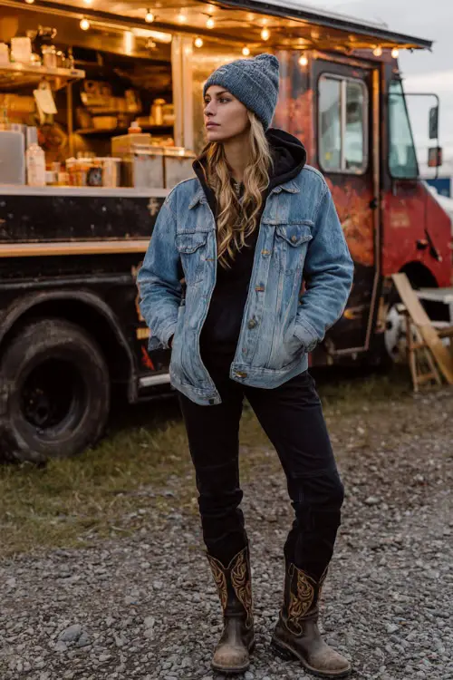 A woman wears a cold-weather country concert look featuring a denim jacket layered over a hoodie, black jeans, cowboy boots, and a beanie 