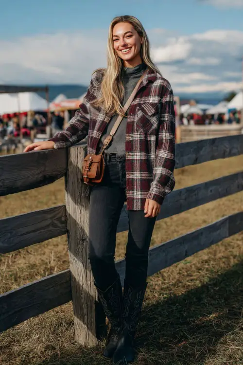 A woman wears a cold-weather country concert look featuring a plaid shacket layered over a fitted turtleneck, dark skinny jeans, western ankle boots, and a crossbody leather bag 