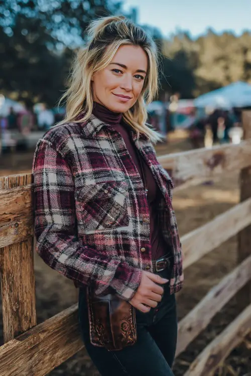 A woman wears a cold-weather country concert look featuring a plaid shacket layered over a fitted turtleneck, dark skinny jeans, western ankle boots, and a crossbody leather bag