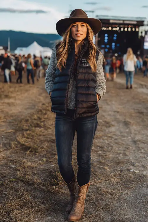 A woman wears a cold-weather country concert look with a puffer vest layered over a knit sweater, dark denim jeans, western boots, and a felt hat 