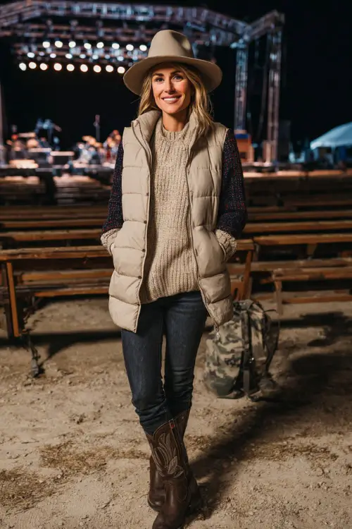 A woman wears a cold-weather country concert look with a puffer vest layered over a knit sweater, dark denim jeans, western boots, and a felt hat