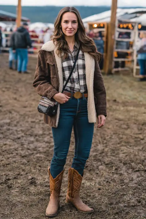 A woman wears a cold-weather western concert outfit with a sherpa-lined jacket, flannel shirt, high-waisted jeans, and brown cowboy boots