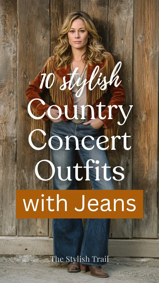 A woman wears a country concert outfit with jeans, a fringe suede jacket layered over a simple top, and tall cowboy boots