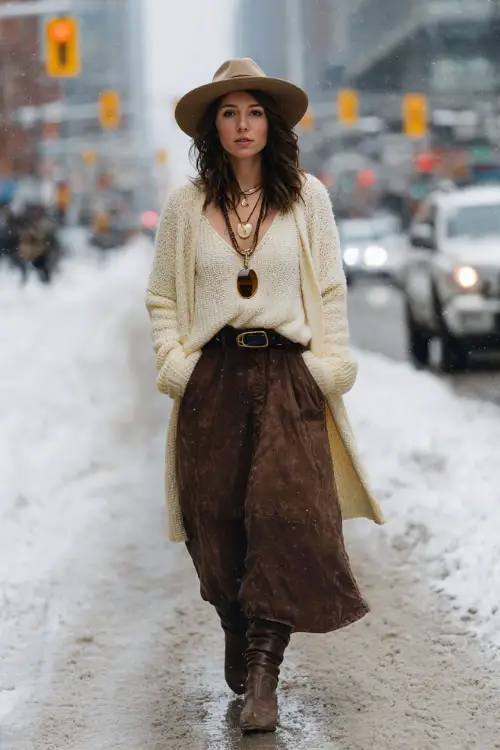A woman wears a cozy winter boho outfit with a chunky knit sweater, a flowy maxi skirt, knee-high leather boots, and a long wool coat