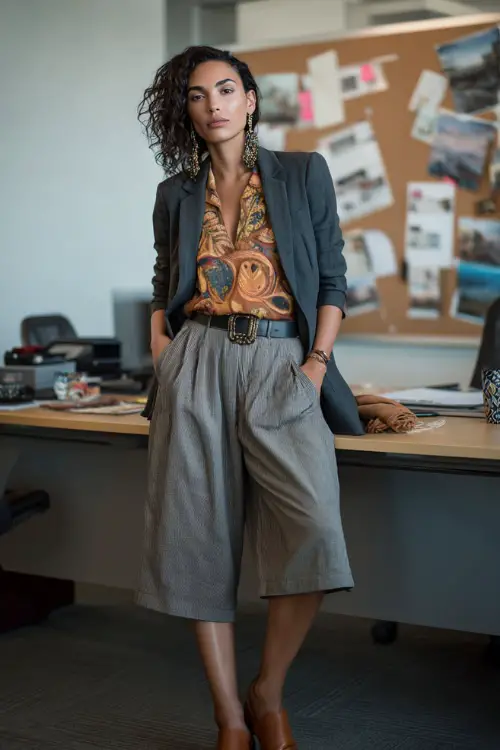 A woman wears a creative boho office outfit combining tailored culottes, a flowy patterned blouse, a structured blazer, and closed-toe mules 