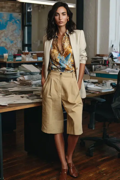 A woman wears a creative boho office outfit combining tailored culottes, a flowy patterned blouse, a structured blazer, and closed-toe mules