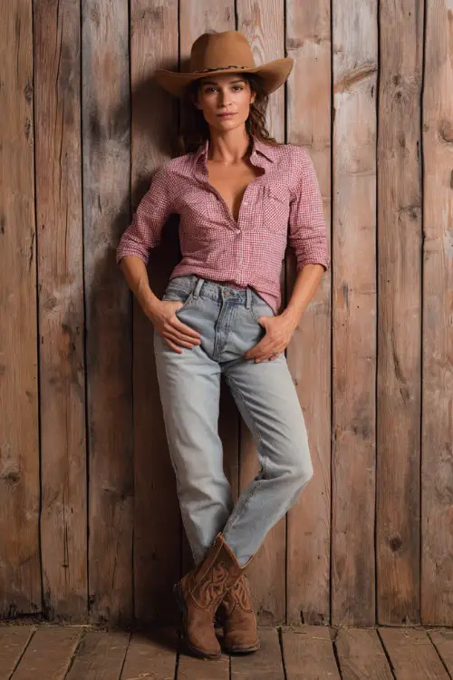 A woman wears a dusty rose country concert look with a pink plaid shirt tucked into light-wash jeans, brown cowboy boots, and a felt cowboy hat, posing near a rustic wooden stage backdrop