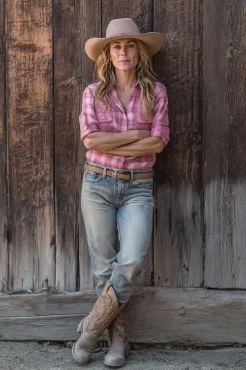 A woman wears a dusty rose country concert look with a pink plaid shirt tucked into light-wash jeans, brown cowboy boots, and a felt cowboy hat