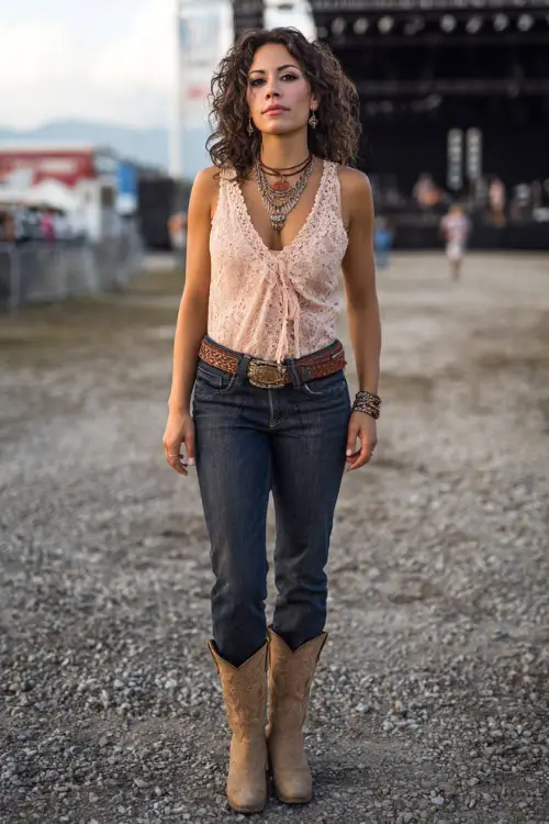 A woman wears a feminine country concert outfit with a light pink lace blouse, dark denim jeans, tan cowboy boots, and layered necklaces, standing on gravel ground near the stage area