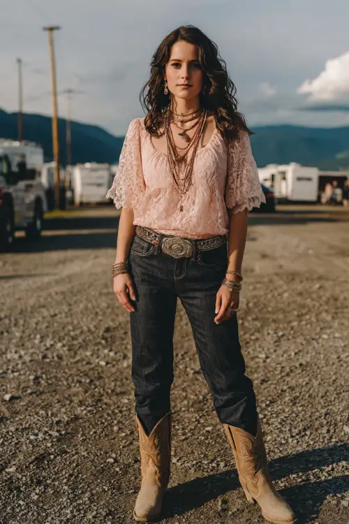 A woman wears a feminine country concert outfit with a light pink lace blouse, dark denim jeans, tan cowboy boots, and layered necklaces