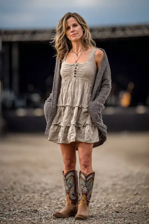 A woman wears a feminine western concert look featuring a ruffled knee-length dress paired with embroidered cowboy boots and a soft cardigan 