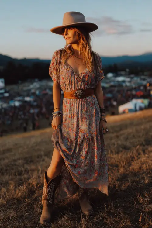 A woman wears a flowy floral midi dress styled with a western belt, brown cowboy boots, and a wide-brim felt hat, standing at an outdoor country concert during golden hour 