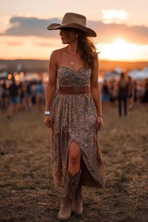 A woman wears a flowy floral midi dress styled with a western belt, brown cowboy boots, and a wide-brim felt hat, standing at an outdoor country concert during golden hour