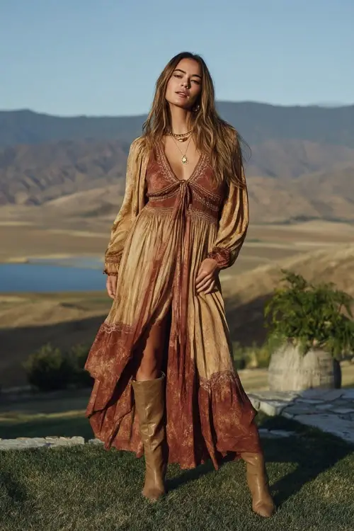 A woman wears a formal boho outfit with a flowing floor-length dress in rich earthy tones, delicate embroidery, heeled ankle boots, and refined gold jewelry