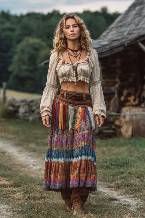 A woman wears a free-spirited hippie boho ensemble combining a peasant top, a tiered maxi skirt, flat boots, and fringe accessories, styled in a vintage countryside scene 