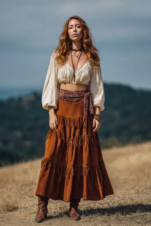 A woman wears a free-spirited hippie boho ensemble combining a peasant top, a tiered maxi skirt, flat boots, and fringe accessories, styled in a vintage countryside scene