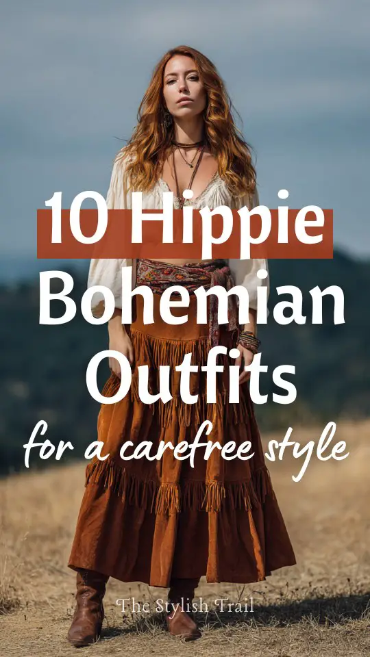 A woman wears a free-spirited hippie boho outfit combining a peasant top, a tiered maxi skirt, flat boots, and fringe accessories