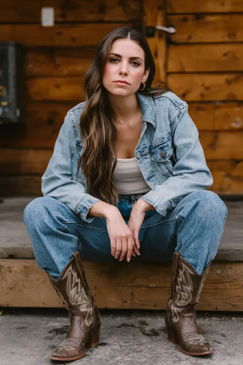 A woman wears a fresh western concert look featuring a lightweight denim jacket over a fitted tank top, high-waisted jeans, and classic cowboy boots