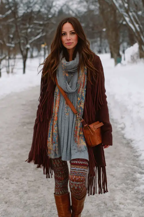 A woman wears a layered winter boho outfit with a cozy sweater dress, patterned tights, knee-high boots, and a wrap-style coat 