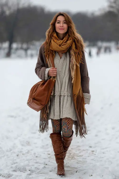 A woman wears a layered winter boho outfit with a cozy sweater dress, patterned tights, knee-high boots, and a wrap-style coat