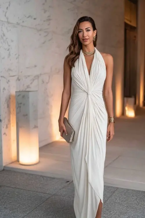A woman wears a luxurious formal boho outfit combining a draped maxi dress, subtle metallic accents, sleek heels, and a minimalist clutch, styled in an upscale night-time setting