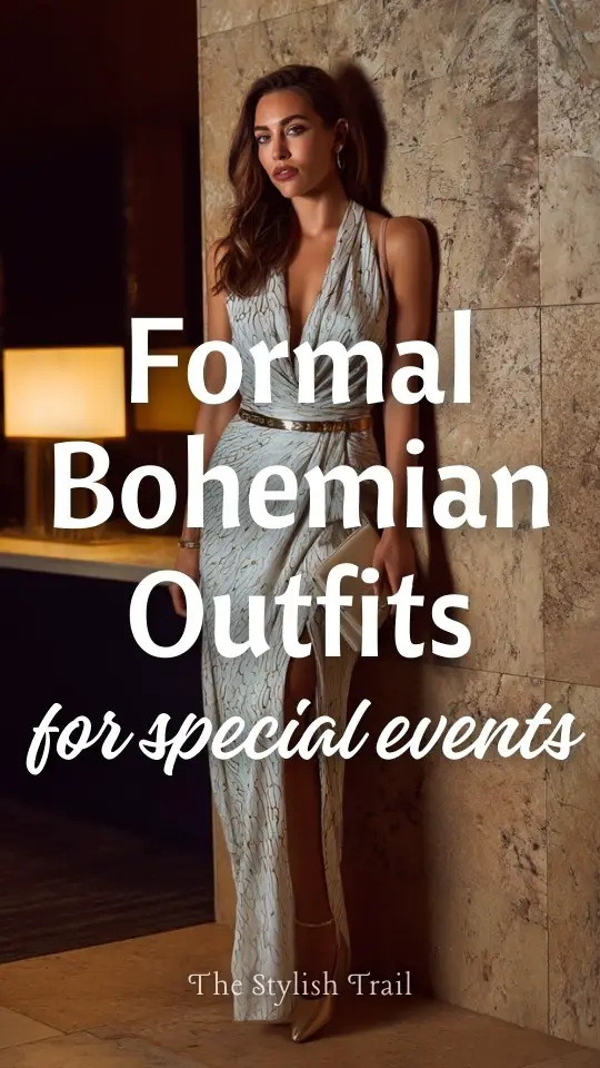 A woman wears a luxurious formal boho outfit combining a draped maxi dress, subtle metallic accents, sleek heels, and a minimalist clutch