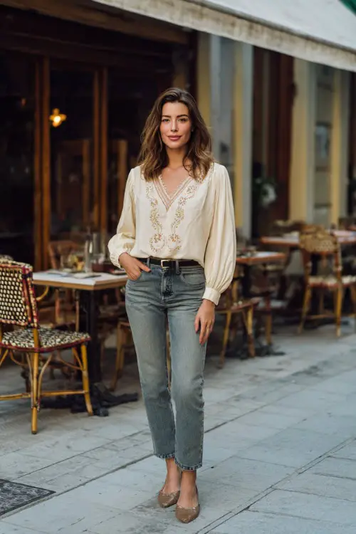 A woman wears a modern boho chic look with straight-leg jeans, a flowy blouse with subtle embroidery, pointed flats, and a leather belt, styled in a fashionable café street scene