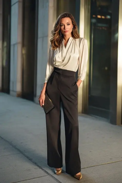 A woman wears a modern formal boho outfit with wide-leg tailored trousers, a structured blouse with soft draping, pointed heels, and a sleek clutch 