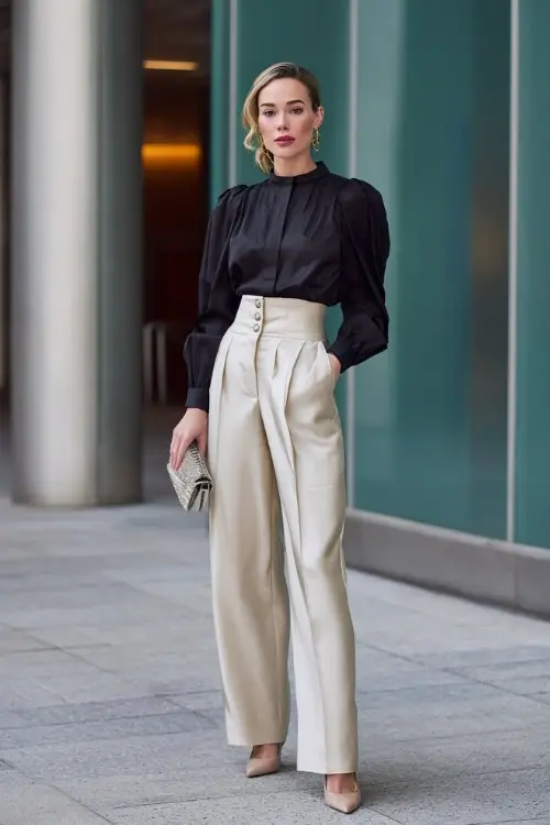 A woman wears a modern formal boho outfit with wide-leg tailored trousers, a structured blouse with soft draping, pointed heels, and a sleek clutch