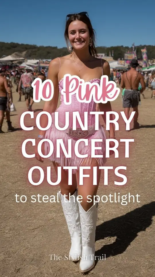 A woman wears a pink country concert outfit featuring a fitted pink corset top, fringe mini skirt, and tall white cowboy boots