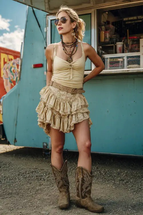 A woman wears a playful western concert look featuring a ruffled skirt paired with a fitted tank top, embroidered cowboy boots, and layered necklaces 