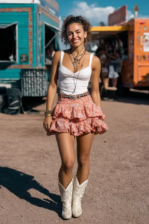 A woman wears a playful western concert look featuring a ruffled skirt paired with a fitted tank top, embroidered cowboy boots, and layered necklaces