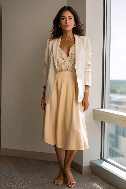 A woman wears a polished boho office outfit with a flowy midi skirt, a tucked-in silk blouse with subtle embroidery, a tailored neutral blazer