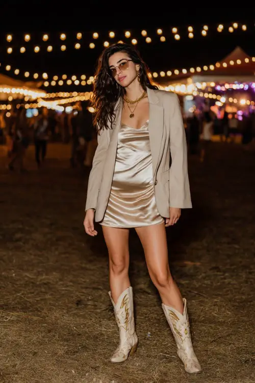 A woman wears a polished country concert outfit with a satin slip dress layered under a tailored blazer, classic cowboy boots, and minimal gold jewelry 